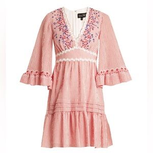 SALONI June Striped-Seersucker Pink and White Embroidered V-Neck Tiered Dress
